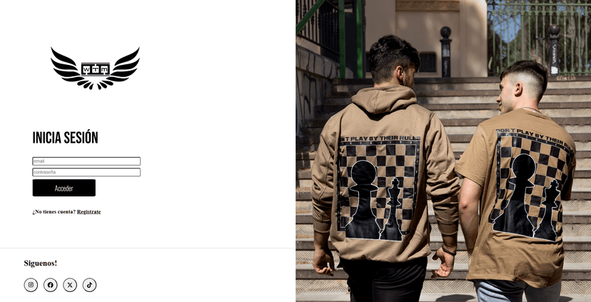 WTM e-commerce login page with split layout showing brand photography and authentication form